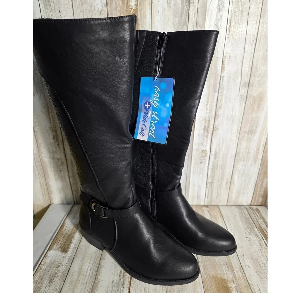 Easy Street Plus Wide Calf Black Knee High Boots Paisley Embossed Side Zip NWT